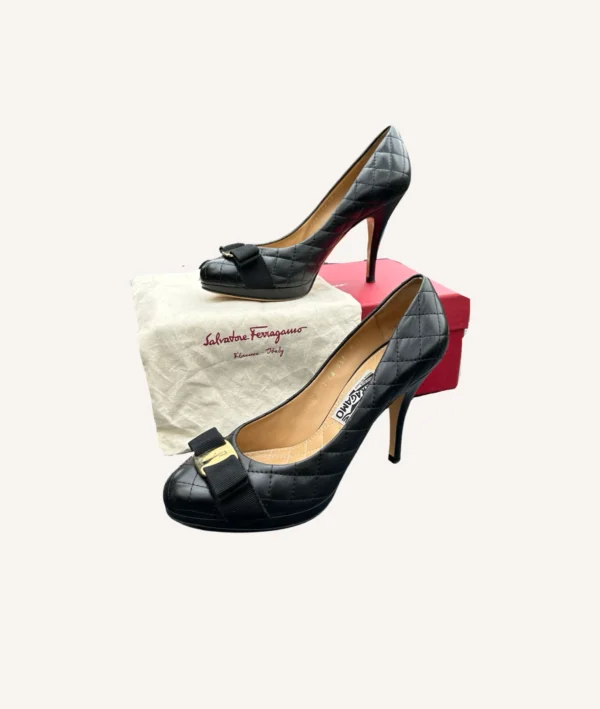 Salvatore Ferragamo Tina Q Quilted Bow Pumps (Size 37.5)