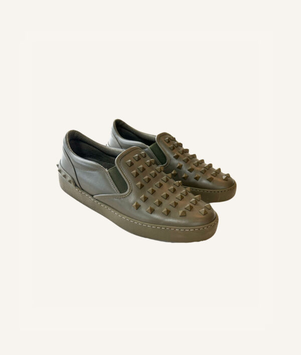 Valentino Army Grey Rockstud Round Toe Slip On (Size 38.5)