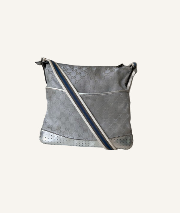 Gucci GG Silver Monogram Perforated Canvas & Leather Crossbody