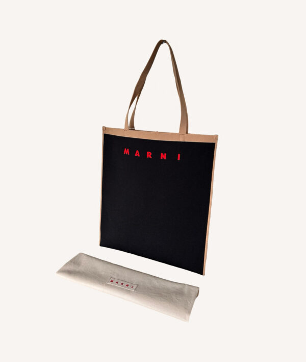 Marni Black & Beige Logo Print Jacquard Shopping Bag