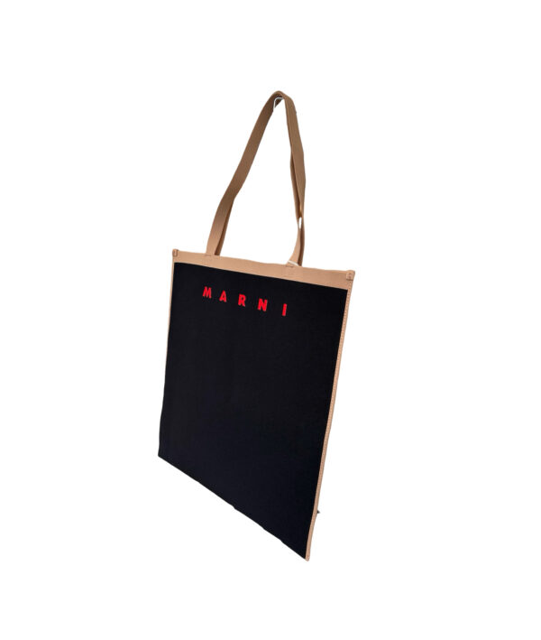 Marni Black & Beige Logo Print Jacquard Shopping Bag