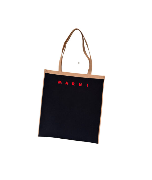 Marni Black & Beige Logo Print Jacquard Shopping Bag